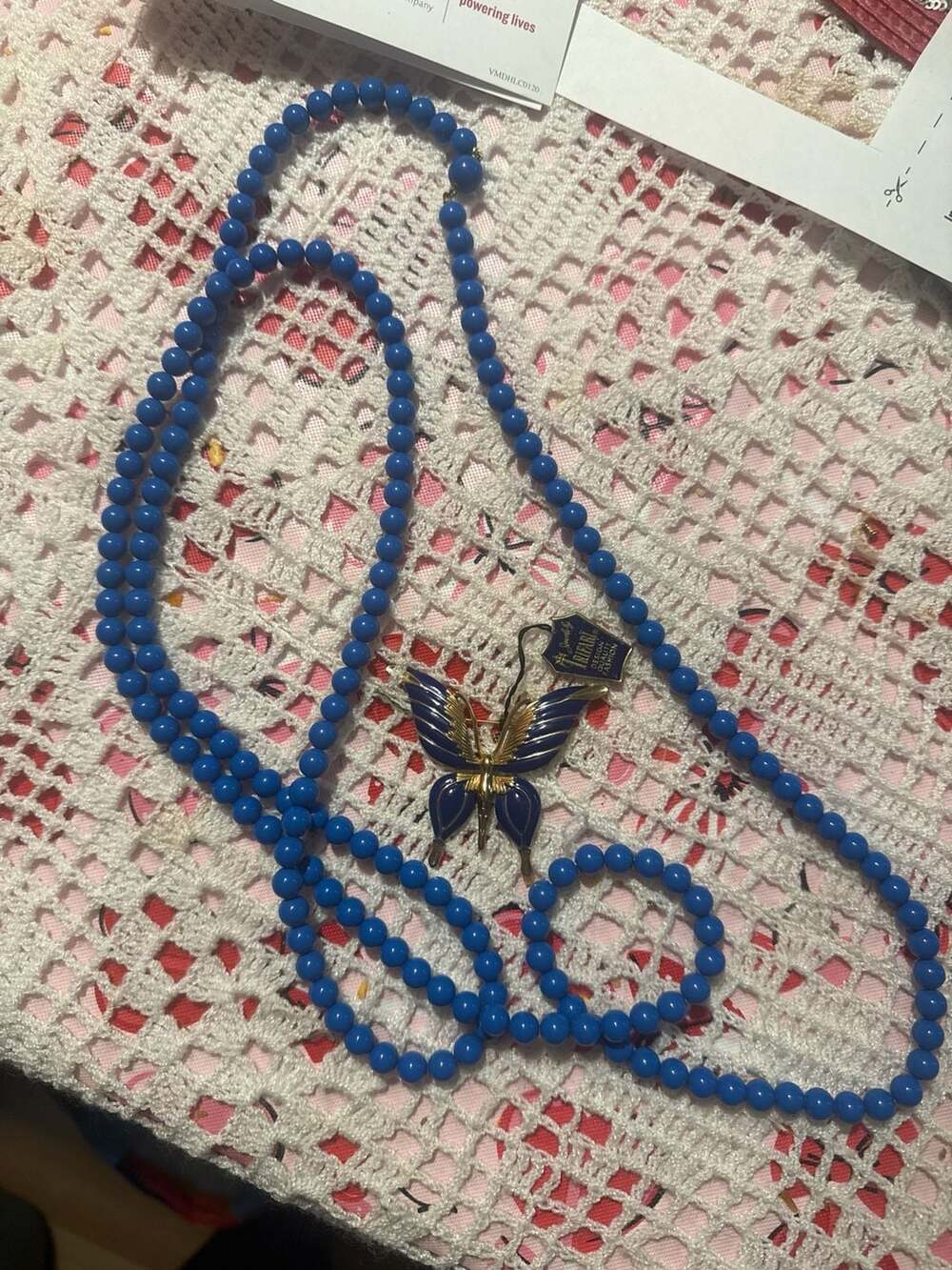 Vintage Trifari Enamel Butterfly Brooch and Multi-Strand Blue Bead Necklace Set